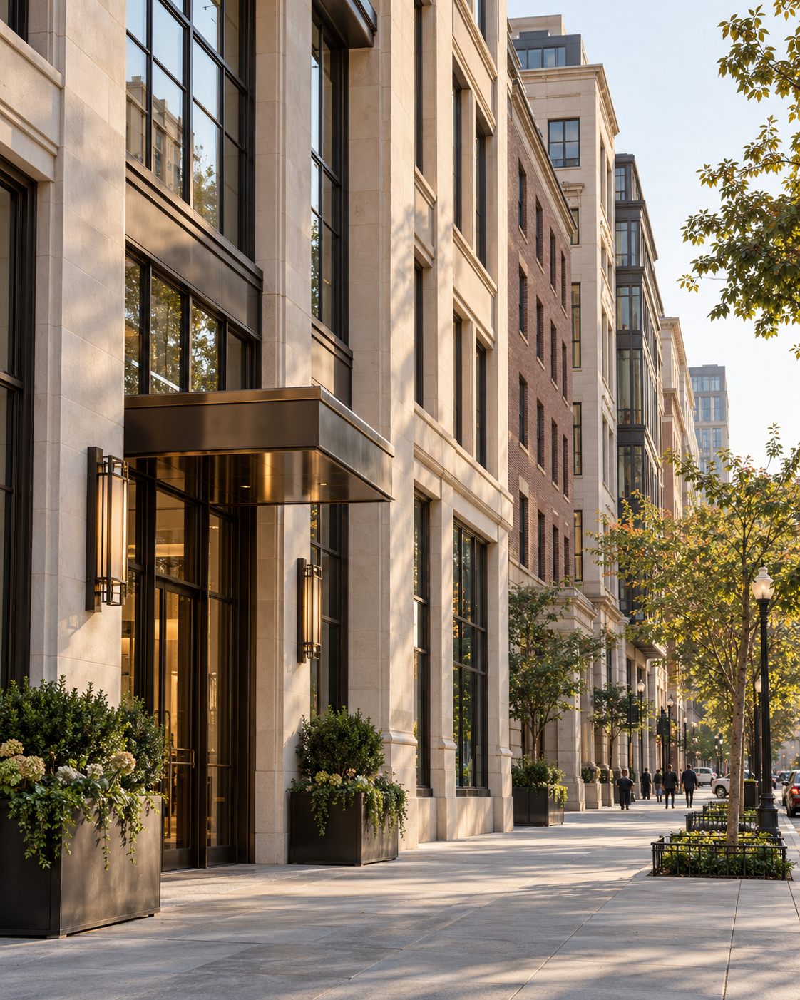 Warm limestone and glass buildings along an urban streetscape